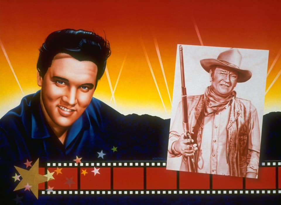 ELVIS and JOHN WAYNE wall mural by A.D. Cook fro Hollywood Video