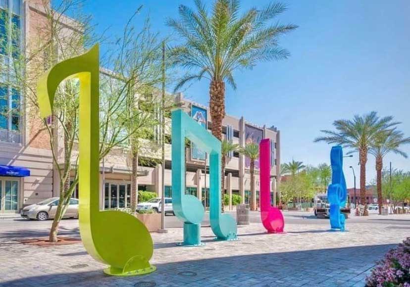 Colorful musical note sculptures at Symphony Park