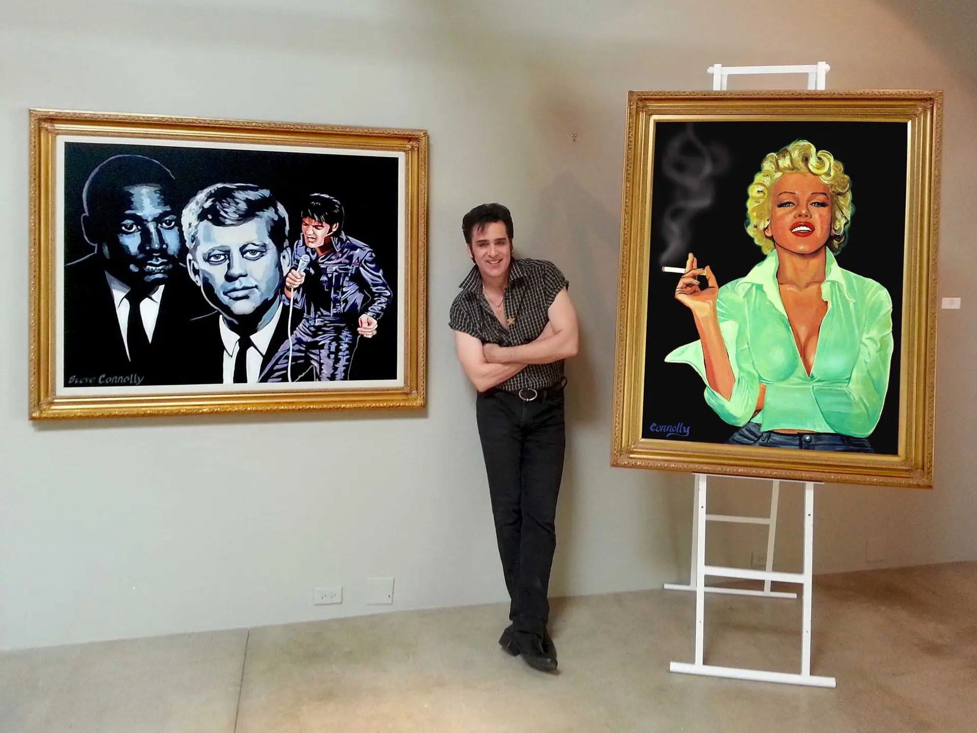 Artist Steve Connolly with Celebrity Paintings