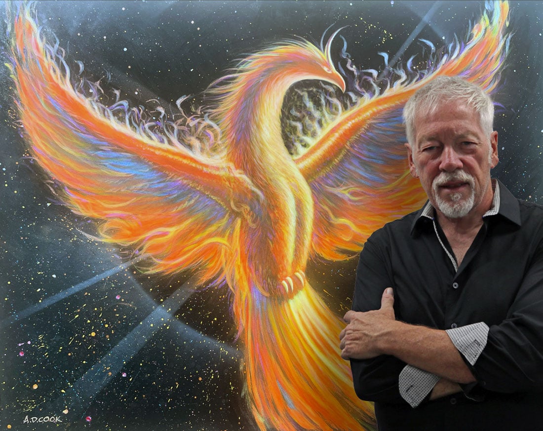 Artist A.D. Cook with Phoenix Rising painting